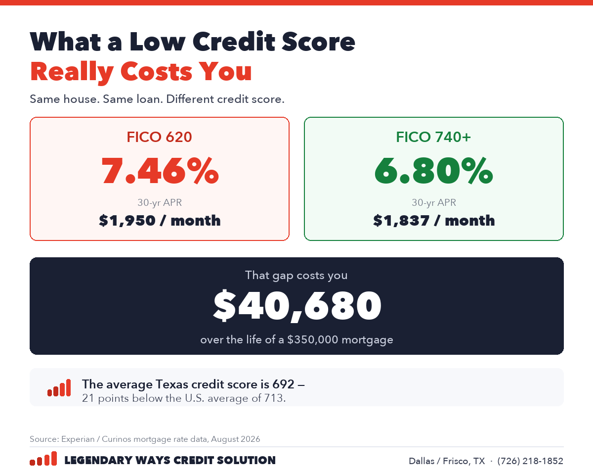 What a low credit score really costs - FICO 620 vs 740 on a Texas mortgage